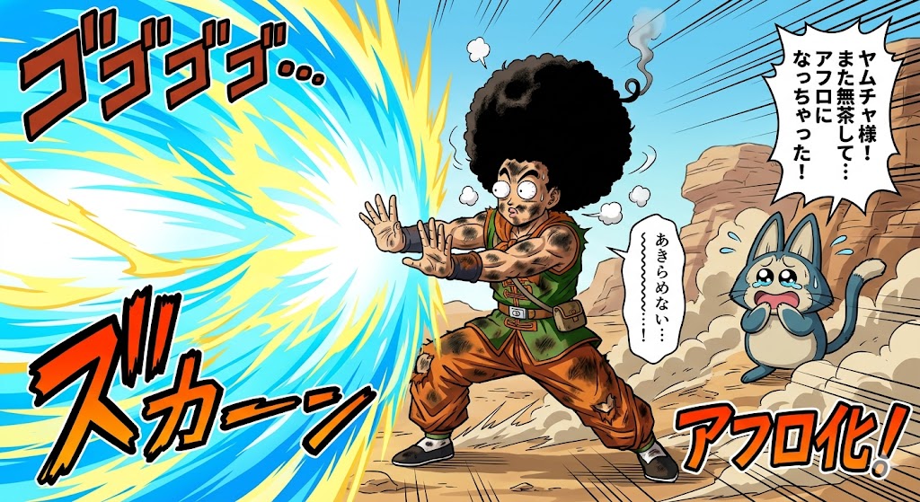 画像：無茶して巨大な気功波を素手で止めようとして、アフロヘアーの黒焦げになるヤムチャ