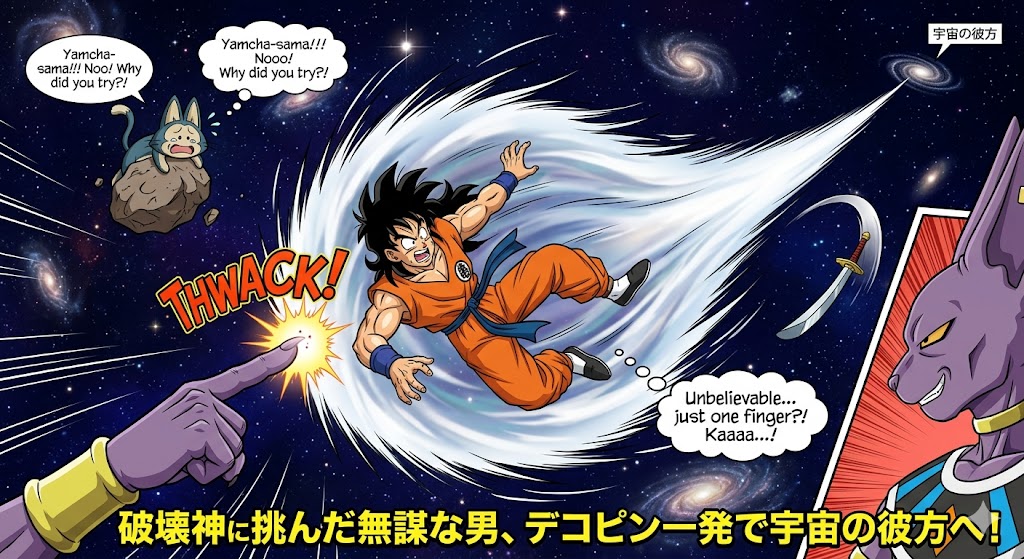 画像：無茶して破壊神に勝負を挑み、デコピン一発で宇宙の彼方へ吹き飛ばされるヤムチャ