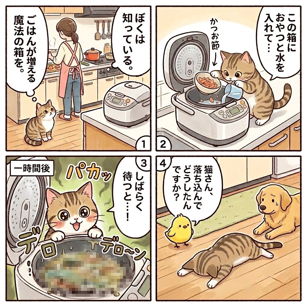 画像：四コマ漫画：ごはんが増える？魔法の箱