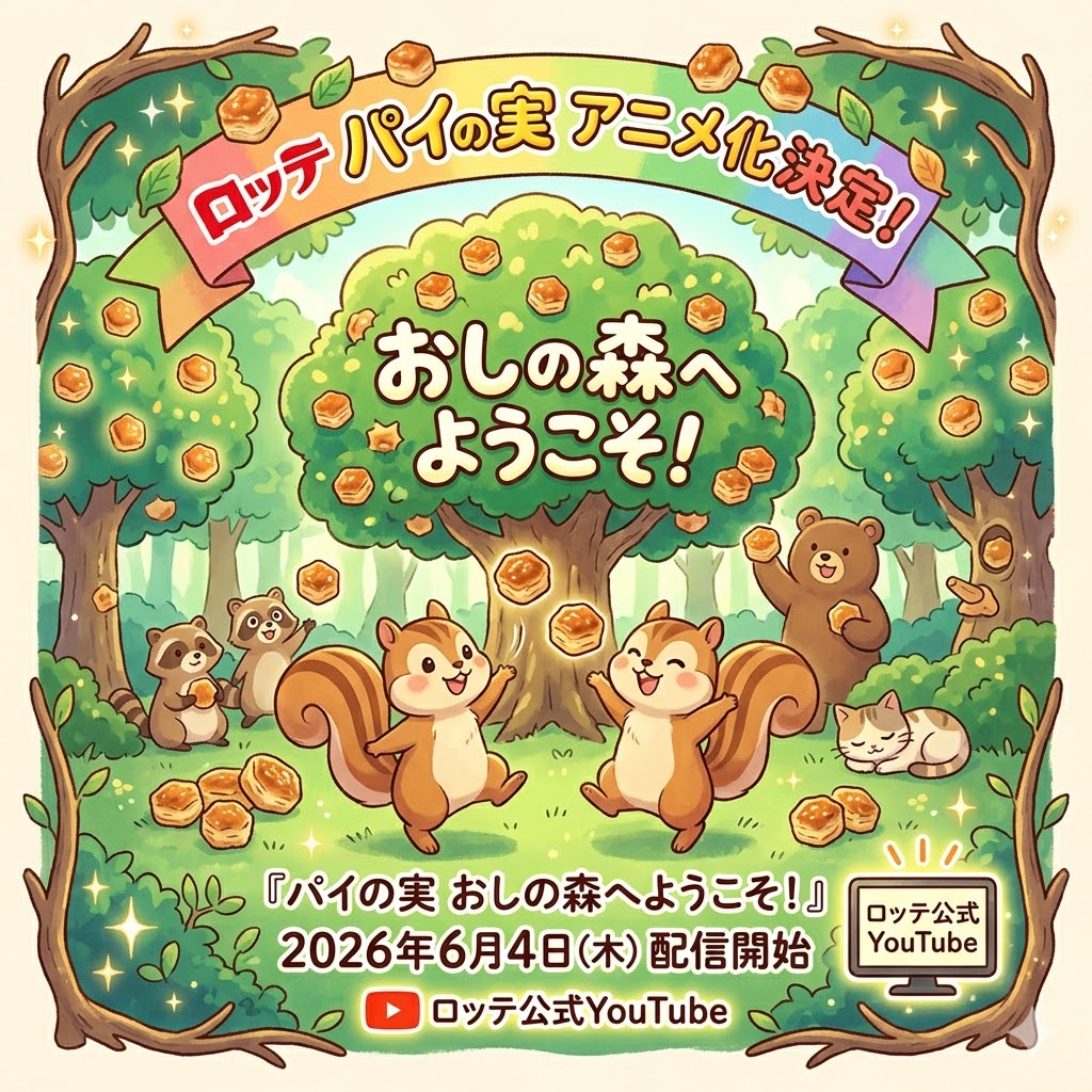 画像:ロッテ「パイの実」がアニメ化?『パイの実 おしの森へようこそ!』がロッテ公式YouTubeで6月4日より配信開始