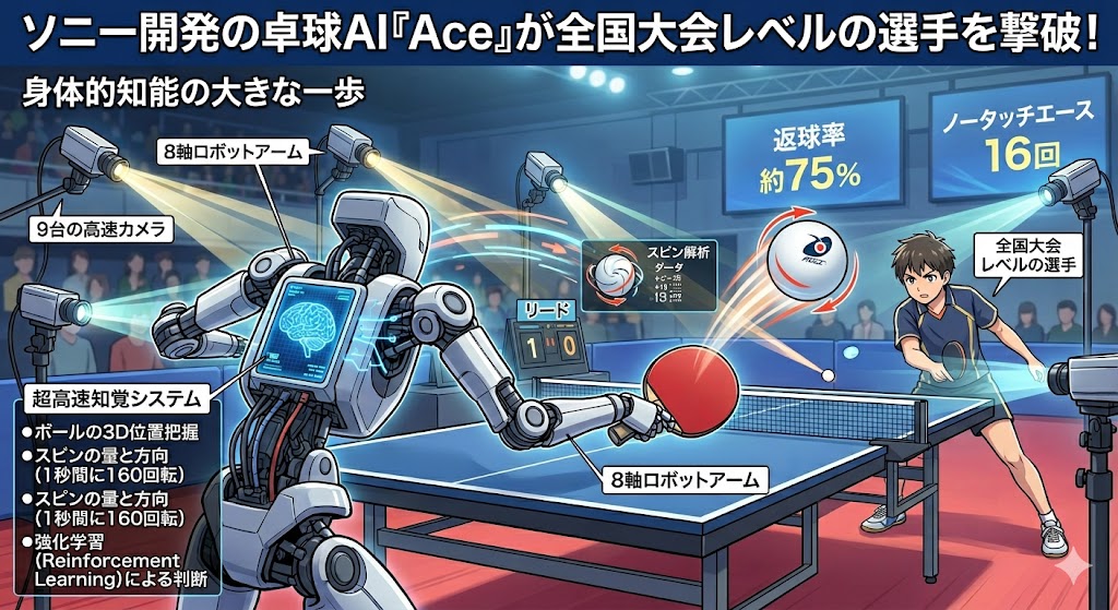 画像：ソニー開発の卓球AI「Ace」が快挙！全国大会レベルの選手に勝利、身体的AIの新時代へ