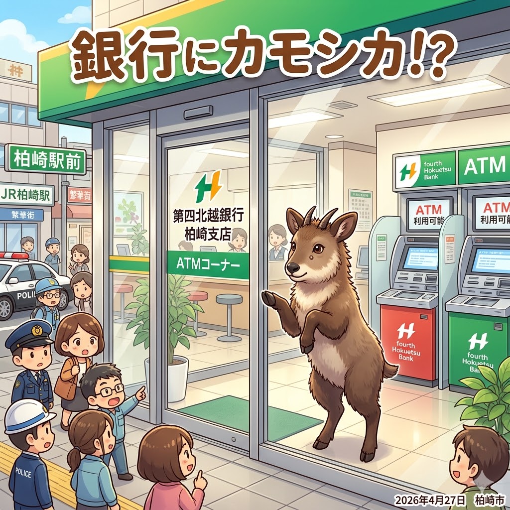 画像：銀行にニホンカモシカが迷い込む？新潟県柏崎市の駅前で発生した驚きの立てこもり騒動
