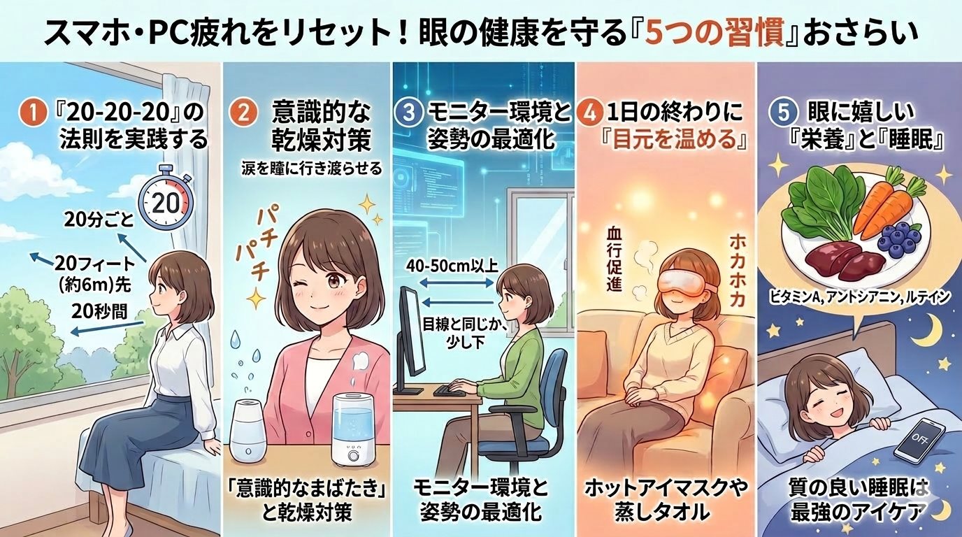 画像：スマホ・PC疲れをリセット！眼の健康を守る「5つの習慣」おさらい