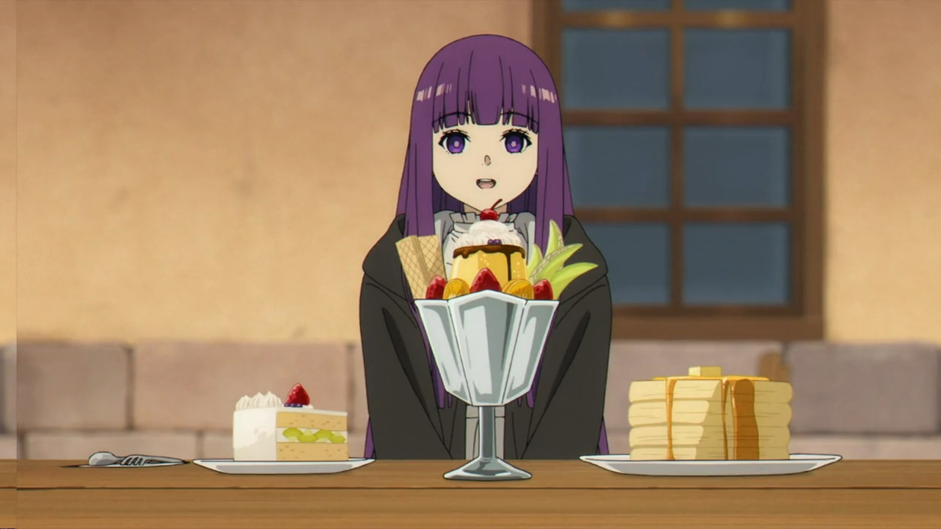 スイーツを目の前に眼を輝かせるフェルン