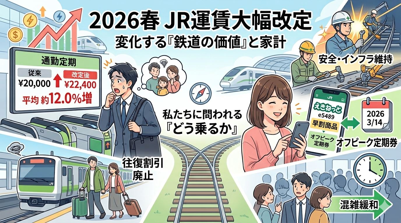 画像：JR各社、2026年春の運賃大幅改定へ — 定期代12%増と「往復割引」廃止の衝撃